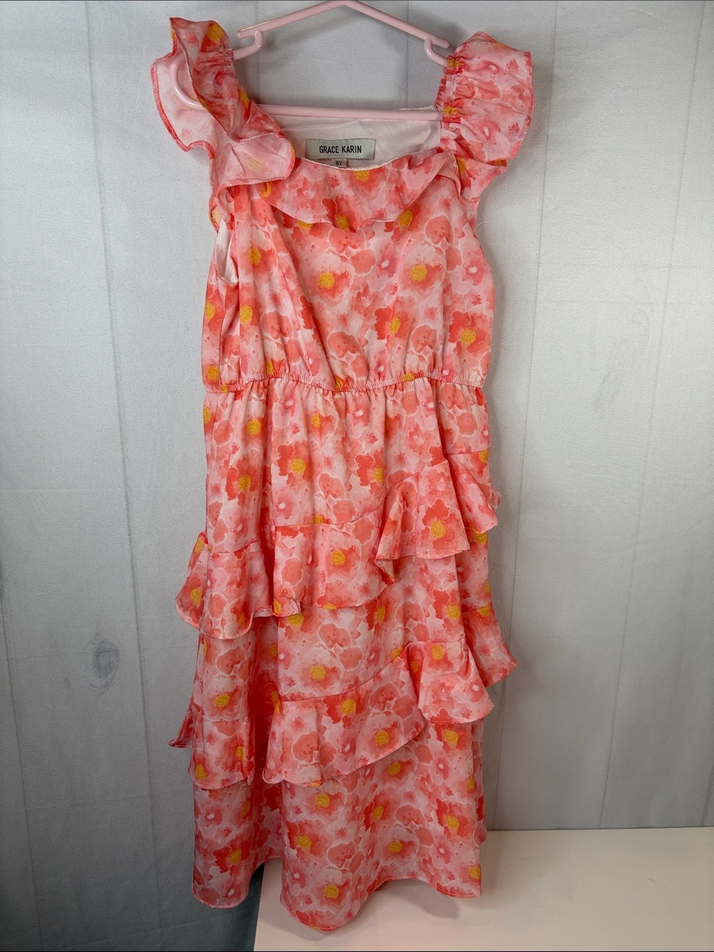 Grace Karin Coral Pink & Yellow Floral Ruffle Summer Dress Girls 8 NWOT